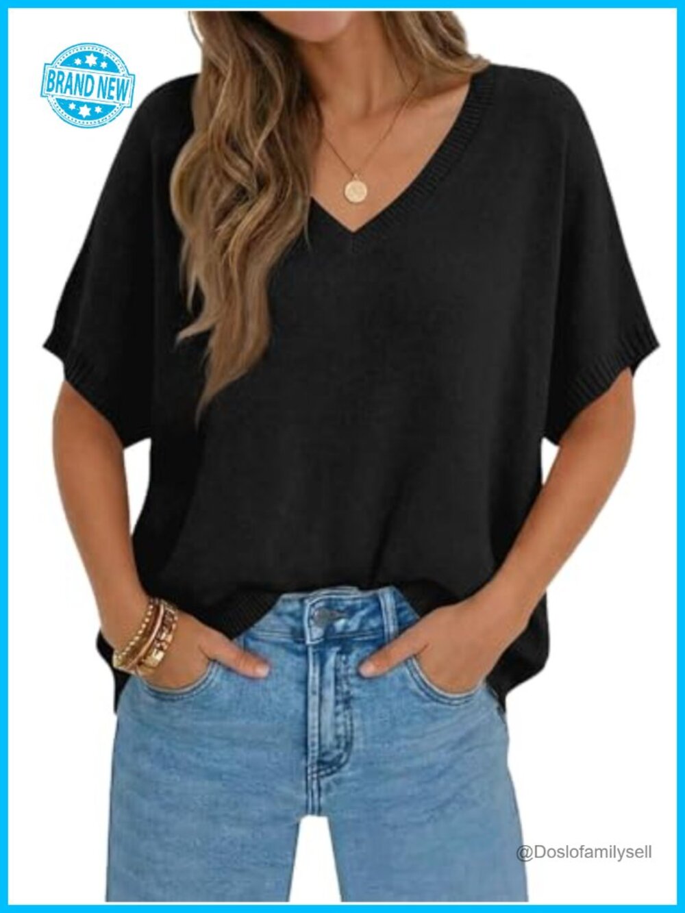 Oversized Batwing Short Sleeve V Neck Lightweight Summer Knit Pullover
